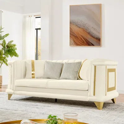 Streamdale Furniture Streamdale 89" Velvet Sofa, Gold Trim, Tufted Couch With Pillows, Beige