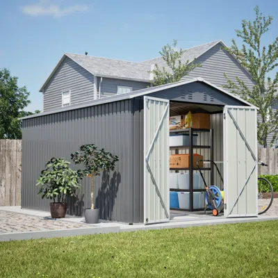 Streamdale Furniture Streamdale 8x12 Ft Outdoor Storage Shed, Large Metal Tool Storage, Grey In Gray