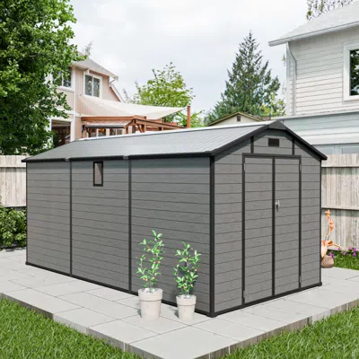 Streamdale Furniture Streamdale 8x14 Ft Plastic Outdoor Storage Shed - Lockable Resin Tool Shed Dark Gray