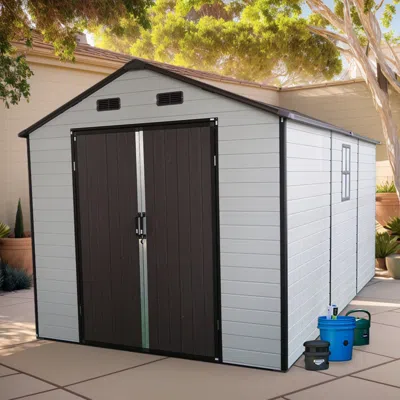 Streamdale Furniture Streamdale 8x14 Resin Storage Shed W/ Windows, Aluminum Frame & Floor (white/brown) In Gray