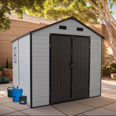 Streamdale Furniture Streamdale 8x8 Resin Storage Shed W/ Windows, Aluminum Frame & Floor (white/brown) In Gray