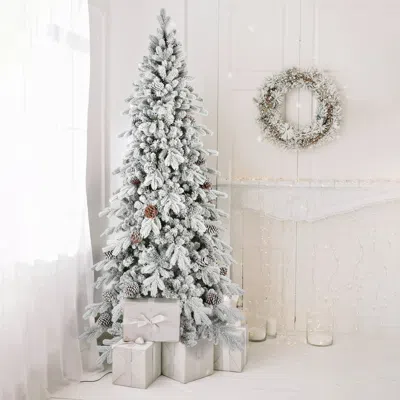 Streamdale Furniture Streamdale 9 Ft Flocked Pe/pvc Christmas Tree With Pine Cones & Snowy Look In Silver