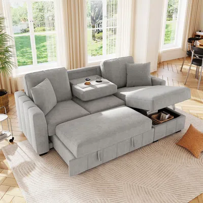 Streamdale Furniture Streamdale 90" L-shaped Sleeper Sofa W/ Storage Chaise & Cup Holders In Gray