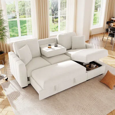 Streamdale Furniture Streamdale 90" L-shaped Sleeper Sofa W/ Storage Chaise & Cup Holders In White