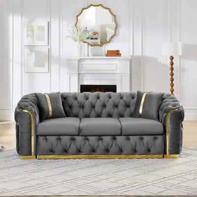 Streamdale Furniture Streamdale 90" Velvet Button Tufted Chesterfield Sofa - Gray