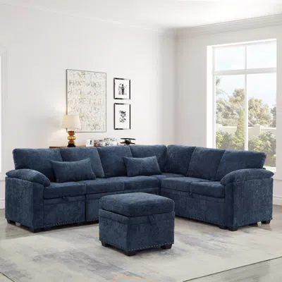 Streamdale Furniture Streamdale 97" L-shaped Chenille Sectional Sofa With Ottoman - Dark Blue