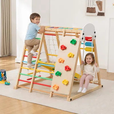 Streamdale Furniture Streamdale 9-in-1 Foldable Wooden Kids Climbing Frame, Slide & Swing Playset