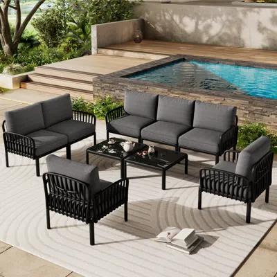 Streamdale Furniture Streamdale 9pc Patio Set, Modern Sectional With 2 Tables, Waterproof Cushions, Black & Gray