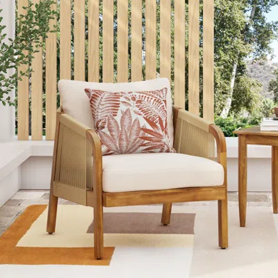 Streamdale Furniture Streamdale Acacia & Wicker Outdoor Club Chair, Soft Cushion, Brown & Beige