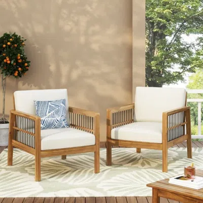 Streamdale Furniture Streamdale Acacia Club Chairs (set Of 2), Deep Seating, Soft Beige Cushions, Teak Finish