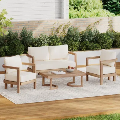 Streamdale Furniture Streamdale Acacia Patio Set, 4-piece, Cushions, Coffee Table, Brown Wash/beige