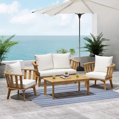 Streamdale Furniture Streamdale Acacia Patio Set, Table, Cushioned Seating, Teak Finish, White