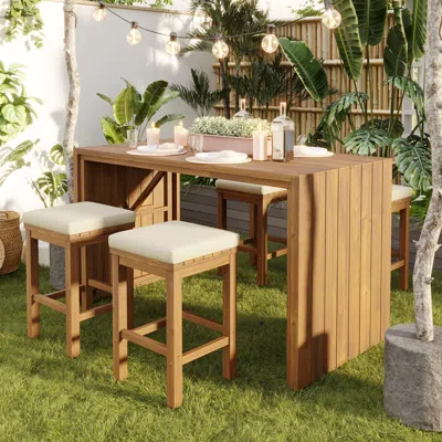 Streamdale Furniture Streamdale Acacia Wood 5-piece Outdoor Bar Set With Cushions In Brown