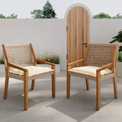 Streamdale Furniture Streamdale Acacia Wood & Wicker Dining Chairs - Cream Cushion - Teak Finish (set Of 2)