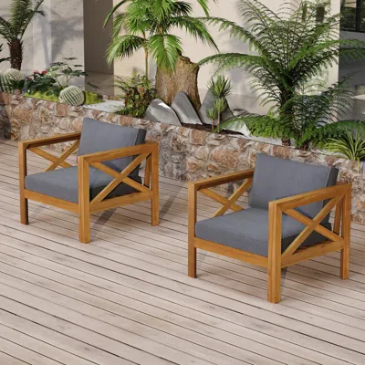 Streamdale Furniture Streamdale Acacia Wood Club Armchairs (set Of 2), Teak Finish, Dark Grey Cushions