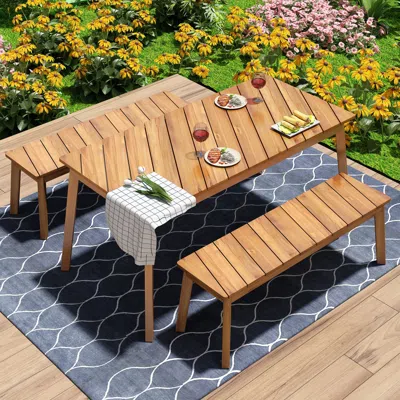 Streamdale Furniture Streamdale Acacia Wood Dining Set With 2 Benches For Outdoor/indoor
