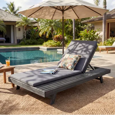 Streamdale Furniture Streamdale Acacia Wood Lounge Chaise Set With Water-resistant Cushions - Black