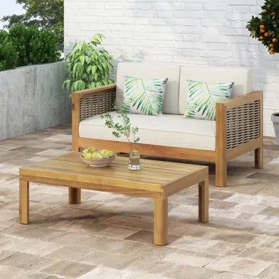 Streamdale Furniture Streamdale Acacia Wood Loveseat & Coffee Table Set - Teak & Beige