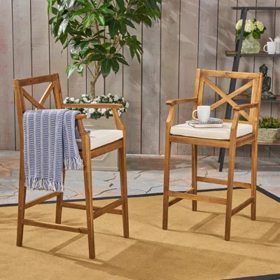 Streamdale Furniture Streamdale Acacia Wood Outdoor Barstools With Water-resistant Cushions (set Of 2)