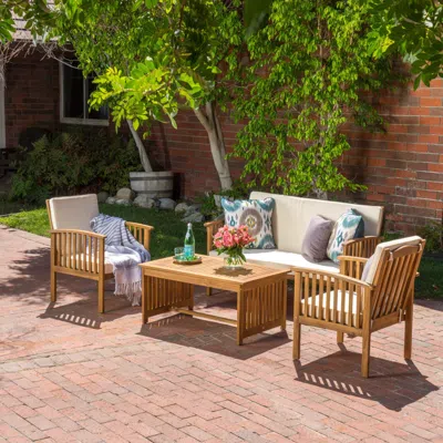 Streamdale Furniture Streamdale Acacia Wood Outdoor Chat Set Of 4 With Water-resistant Cushions