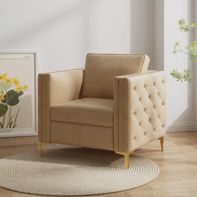 Streamdale Furniture Streamdale Accent Chair For Living Room Upholstered Arm Chair With Metal Legs Velvet Khaki