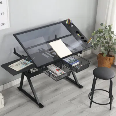 Streamdale Furniture Streamdale Adjustable Tempered Glass Drafting Printing Table With Chair In Black