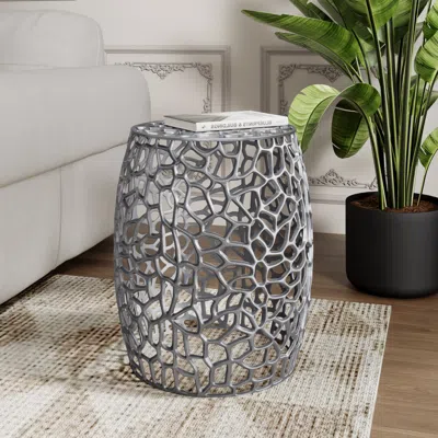 Streamdale Furniture Streamdale Aluminum Drum End Table With Intricate Design-silver Nickel