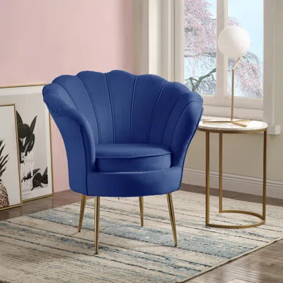Streamdale Furniture Streamdale Angelina Blue Velvet Scalloped Back Barrel Accent Chair With Metal