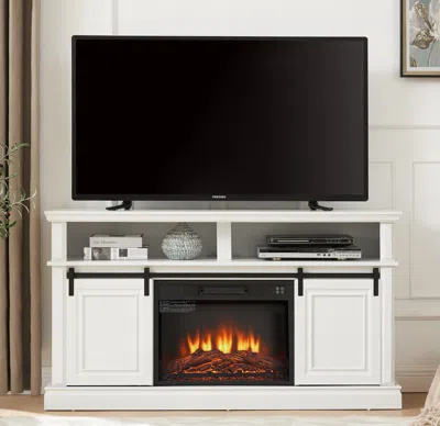 Streamdale Furniture Streamdale Antique Brown 58" Tv Stand With Electric Fireplace And Ample Storage In White