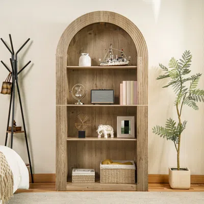 Streamdale Furniture Streamdale Arched Bookcase, 78.74" Tall, Mid Century Modern, 4-tier, Natural In Brown