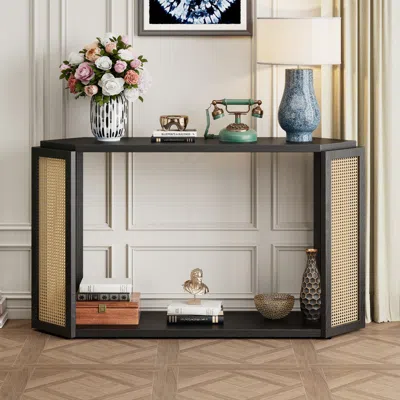 Streamdale Furniture Streamdale Arrow Console Table With Open Shelf And Rattan
