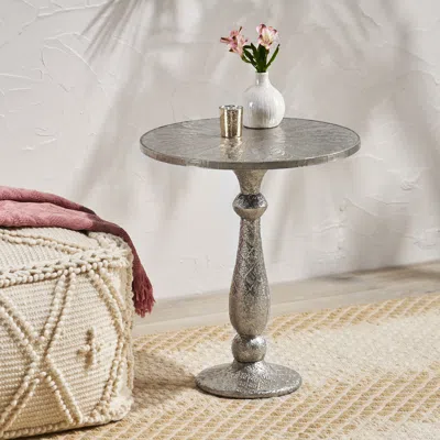 Streamdale Furniture Streamdale Artisan Floral Engraved Silver Side Table With Boho Glam Design