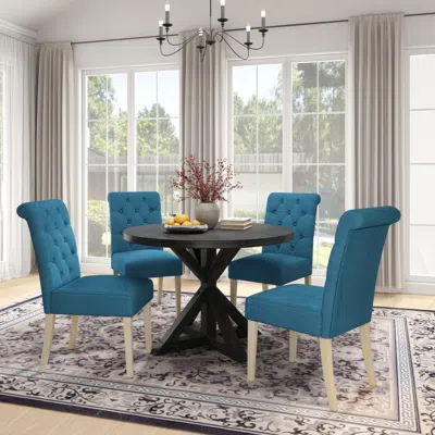 Streamdale Furniture Streamdale Banff 5-piece Dining Set, Cross-buck Round Table With 4 Tufted Chairs, Blue