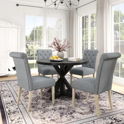 Streamdale Furniture Streamdale Banff 5-piece Dining Set, Cross-buck Round Table With 4 Tufted Chairs, Gray
