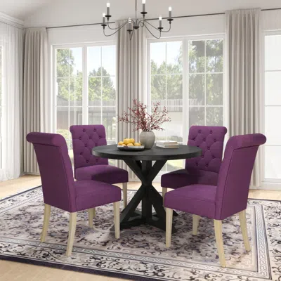 Streamdale Furniture Streamdale Banff 5-piece Dining Set, Cross-buck Round Table With 4 Tufted Chairs, Purple