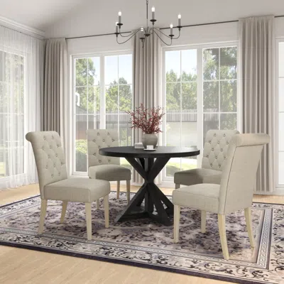 Streamdale Furniture Streamdale Banff 5-piece Dining Set, Cross-buck Round Table With 4 Tufted Chairs, Tan