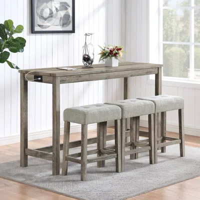 Streamdale Furniture Streamdale Bar Table & Chairs Set W/ Power Outlet - 4 Piece Dining Set In Brown