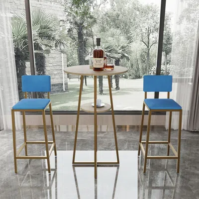 Streamdale Furniture Streamdale Bar Table Set - Gold Frame, Blue Cushions, Storage