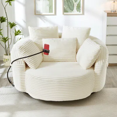 Streamdale Furniture Streamdale Beige Corduroy 360° Swivel Accent Barrel Chair With 5 Pillows & Phone Holder In Multi