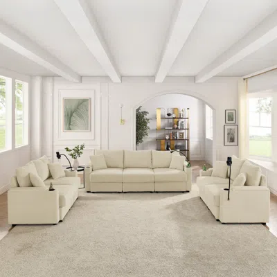 Streamdale Furniture Streamdale Beige Corduroy 7-seat Sofa Set With Storage & Cup Holders