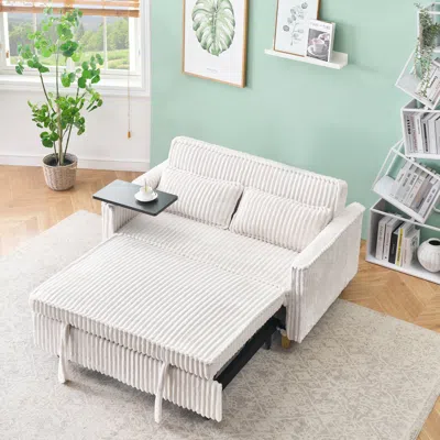Streamdale Furniture Streamdale Beige Corduroy Pull-out Sofa W/ Movable Tabletop & Usb