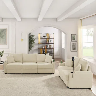 Streamdale Furniture Streamdale Beige Corduroy Sofa Set W/ Storage, Cup Holders & Charging