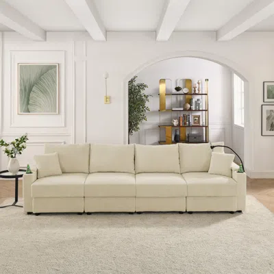 Streamdale Furniture Streamdale Beige Corduroy Sofa With Storage, Cup & Phone Holders