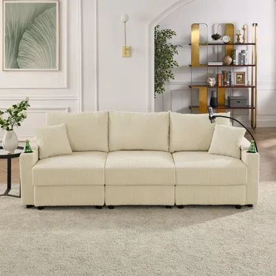 Streamdale Furniture Streamdale Beige Corduroy Sofa With Storage, Cup & Phone Holders