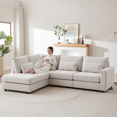 Streamdale Furniture Streamdale Beige Linen L-shaped Sofa With Ottoman & Cushions