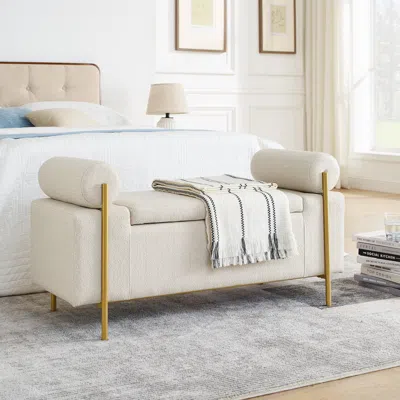 Streamdale Furniture Streamdale Beige Linen Storage Bench With Iron Legs