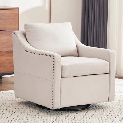 Streamdale Furniture Streamdale Beige Linen Swivel Accent Chair With Rivets