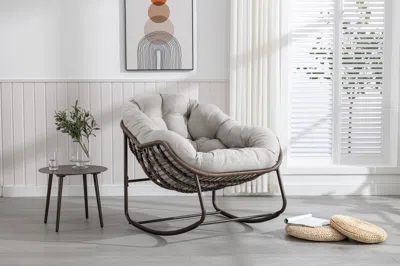 Streamdale Furniture Streamdale Beige Outdoor Rattan Rocking Chair With Padded Cushion In White