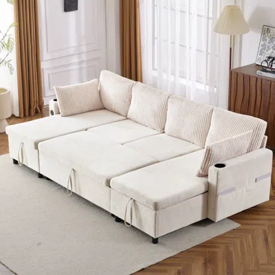Streamdale Furniture Streamdale Beige Sectional Sofa Bed With Storage, Usb Ports & Cup Holders