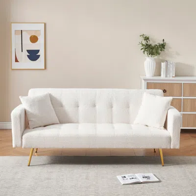 Streamdale Furniture Streamdale Beige Teddy Fleece Sofa Bed With 2 Throw Pillows